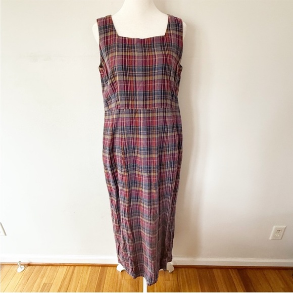Vintage Womens 90s Linen Plaid Sleeveless Maxi Dress Size 10 Academia Preppy - Picture 1 of 5